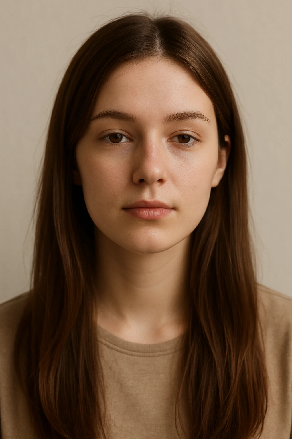 portrait of a girl with long straight brown hair, simple and natural style emoji