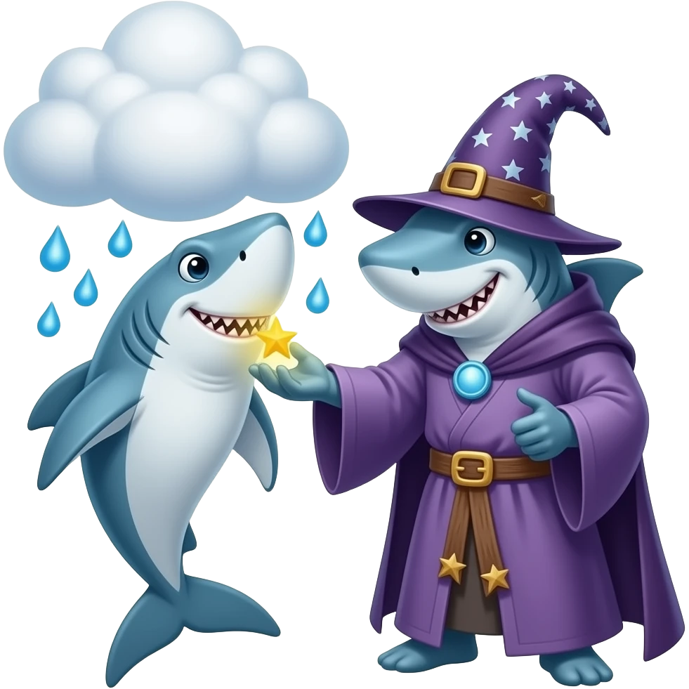 A shark wizard casting a spell on a cloud to make it rain emoji