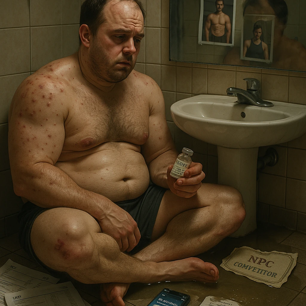 A 35-year-old bodybuilder sits shirtless on a bathroom floor, clutching an empty vial labeled "Test E 250mg". His physique shows the paradox of PED abuse: bloated stomach (high estrogen), but zero exceptional muscle gains.  

Hyper-detailed elements:  
- **Needle marks** (track lines) on glutes with fresh bruising  
- **Acne clusters** on shoulders (CYP-induced)  
- **Lab papers** showing crashed LH/FSH (HPTA suppression)  
- **Phone screen** glowing with forum posts: "No risultati in 8 weeks"  

The mirror reflects his exhausted face (dark circles, receding hairline) contrasting with gym selfies on the wall showing his younger natural self. A torn "NPC Competitor" certificate floats in dirty water.  emoji