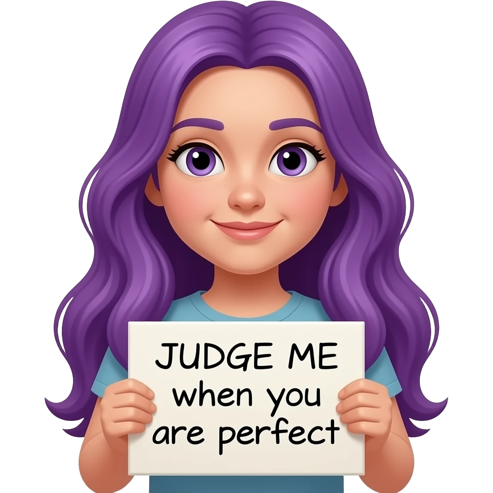 girl with long purple hair holding a JUDGE ME when you are perfect sign emoji