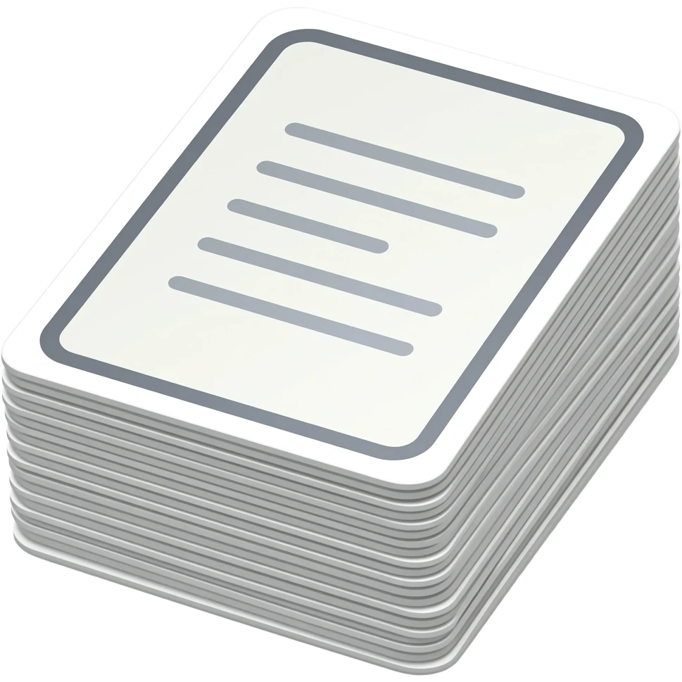 Conjunto de cartões de estudo organizados em pilha, com o cartão frontal exibindo conteúdo simplificado (linhas ou pergunta), enquanto os demais aparecem parcialmente atrás. Simboliza aprendizagem ativa, repetição espaçada e técnicas modernas de memorização. emoji