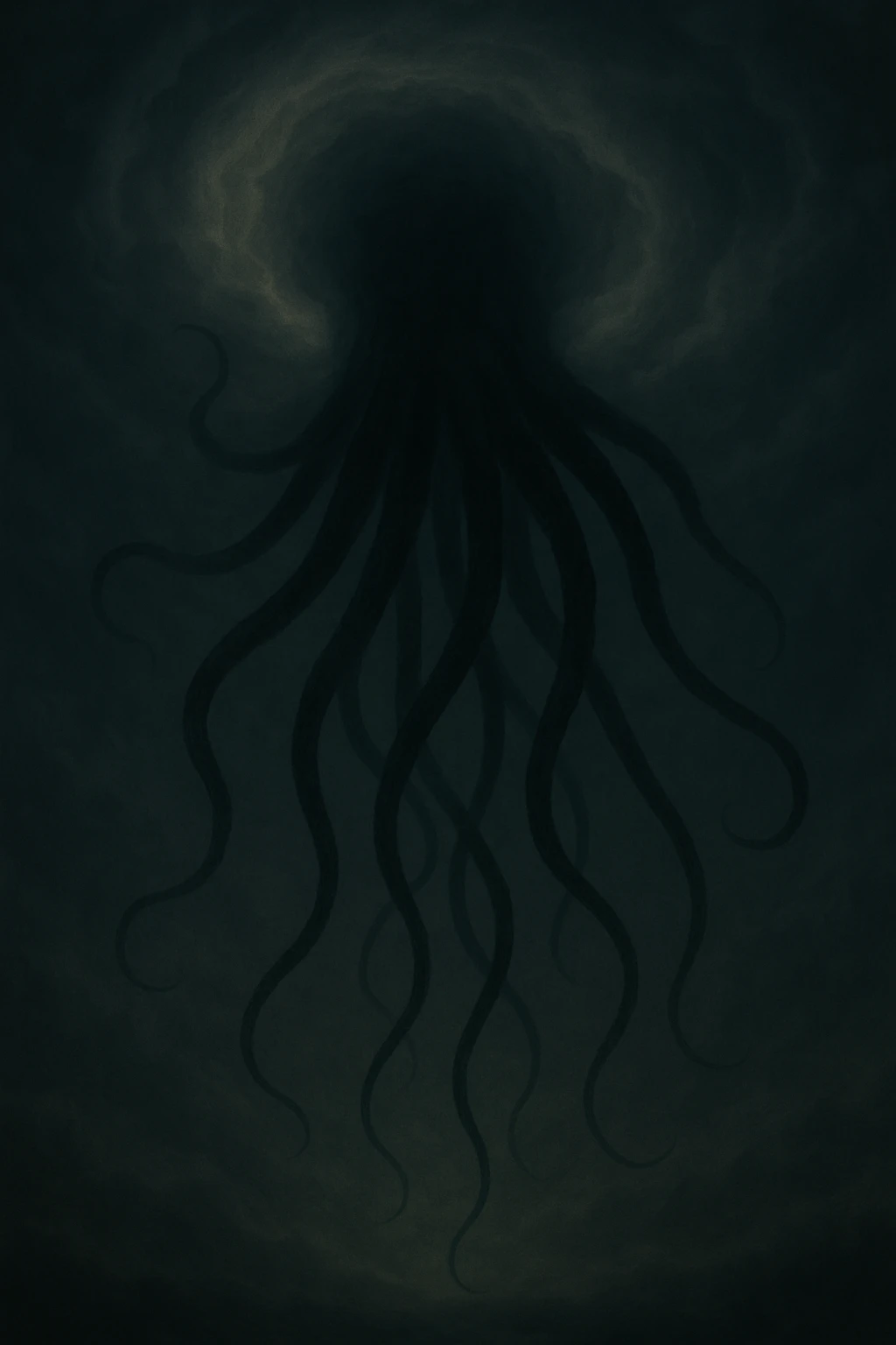 Hide the creature's head in the clouds so only the long tentacles are visible emerging from the swirling sky, dramatic cosmic horror style, inspired by flux pro style, no background emoji