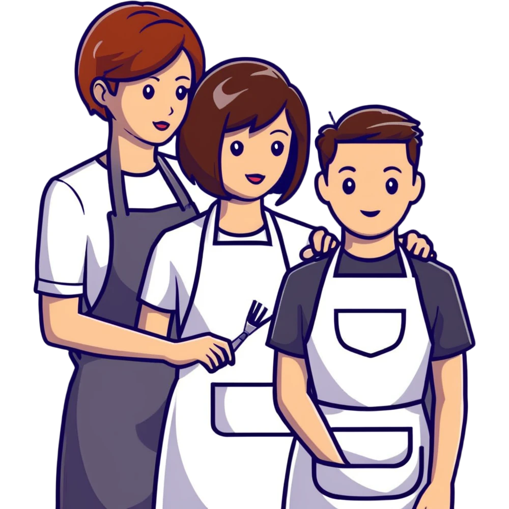 stylist with apron demonstrating haircut on mannequin to student emoji
