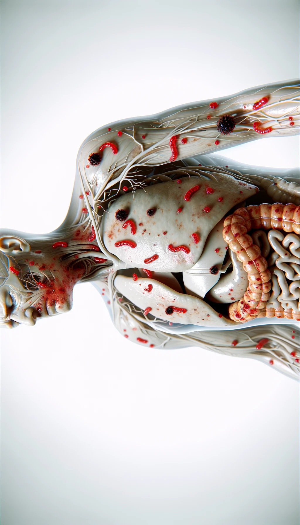 corpo umano anatomico con parassiti nell'intestino e red spot di infiammazione sparsi sul corpo, espressione di dolore in volto, iperrealistico 4k , sfondo bianco emoji
