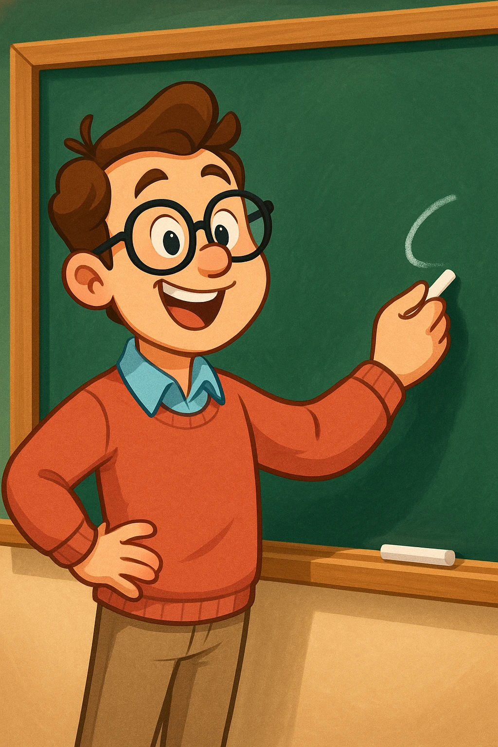 A cartoon teacher character with glasses, writing on a chalkboard, cheerful and animated. emoji