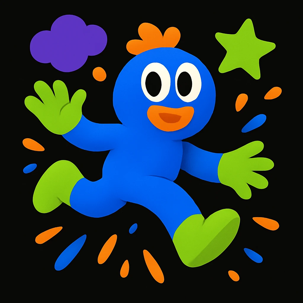 Remove all text and written matter, keep only the mascot character and visual elements. Preserve the playful, energetic, and imaginative style suitable for a black website background. emoji