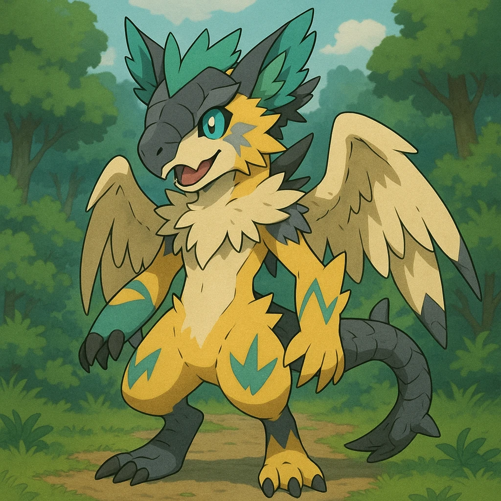 Sergal-Protogen-Trico-Renamon-Lombax-Zeraora-Vernid-fusion-hybrid-creature, drawn in a Pokémon/Digimon style emoji