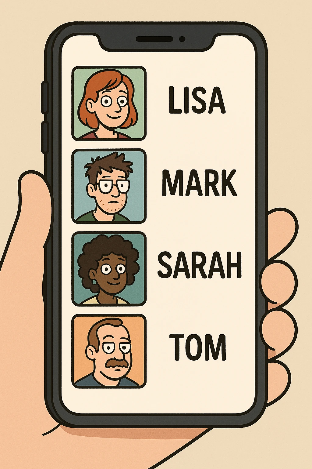 Front screen of the phone with friends' contacts emoji