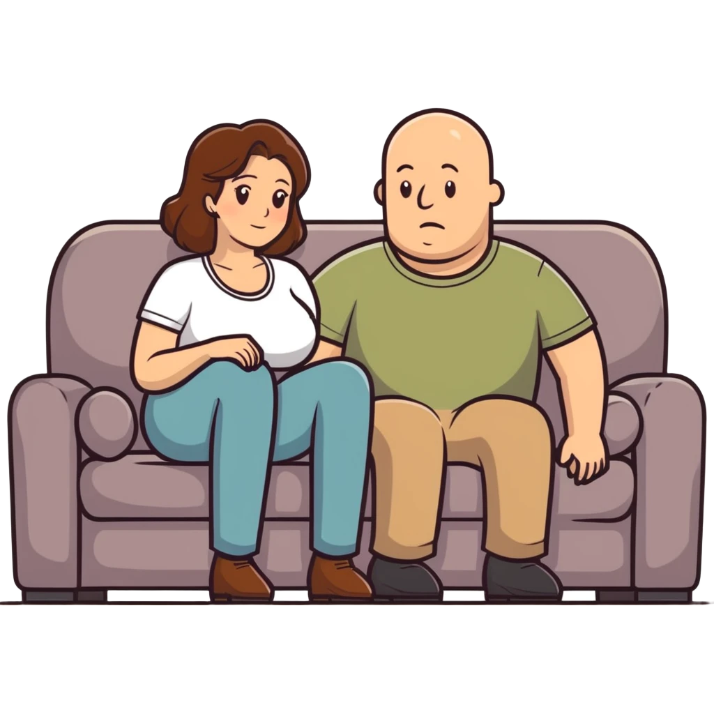 One Caucasian woman with brown hair big boobs wearing pants sitting on a couch with a bald man emoji