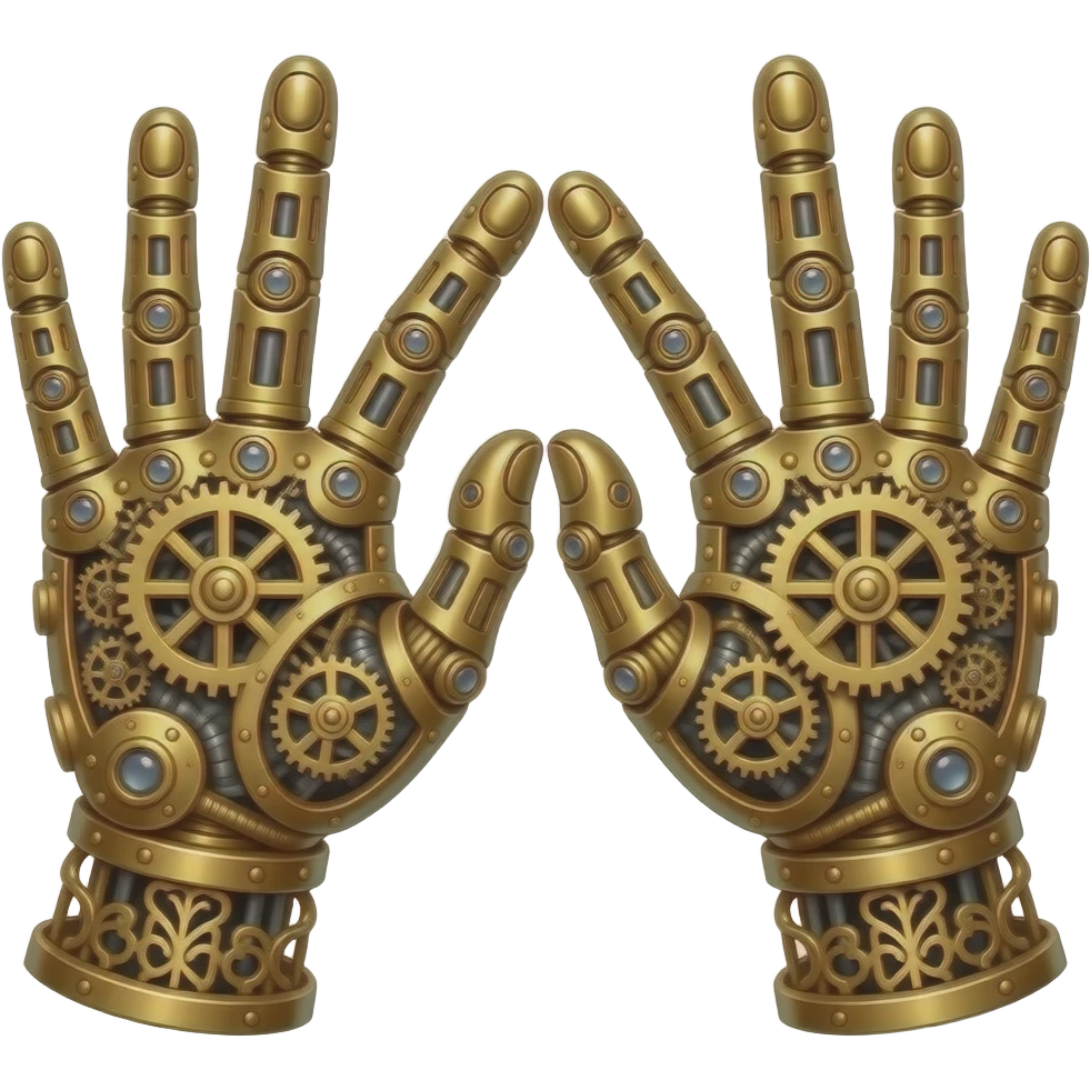 steampunk  - the touch of the fingers of two palms as in Michelangelo's painting in the Sistine Chapel, but mechanically constructed emoji