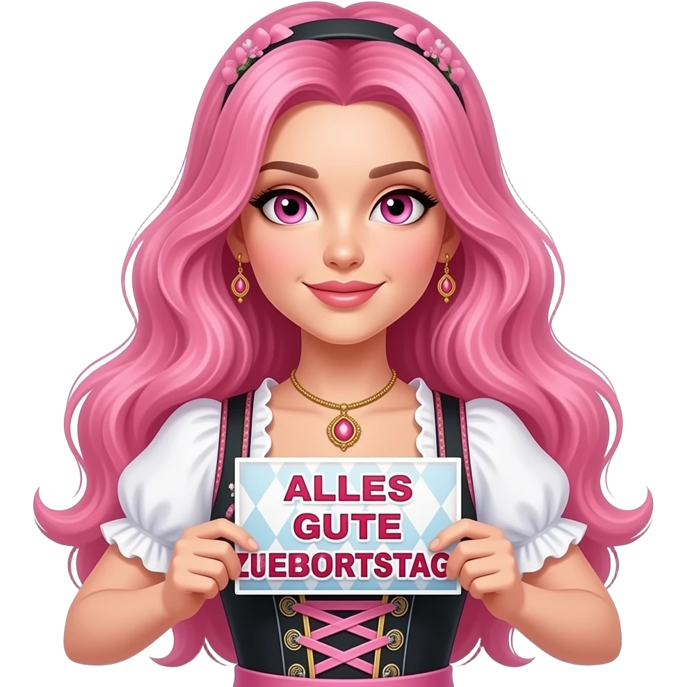 sexy girl with long pink hair and pink eyes wearing a dirndl holding a ALLES GUTE ZUM GEBURTSTAG sign emoji