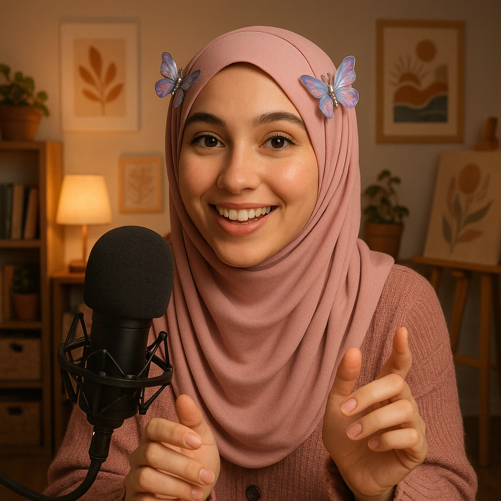 a girl ASMR content creator wearing a stylish pink hijab, with butterfly hairclips on both sides of her hijab (left and right), friendly and creative expression emoji