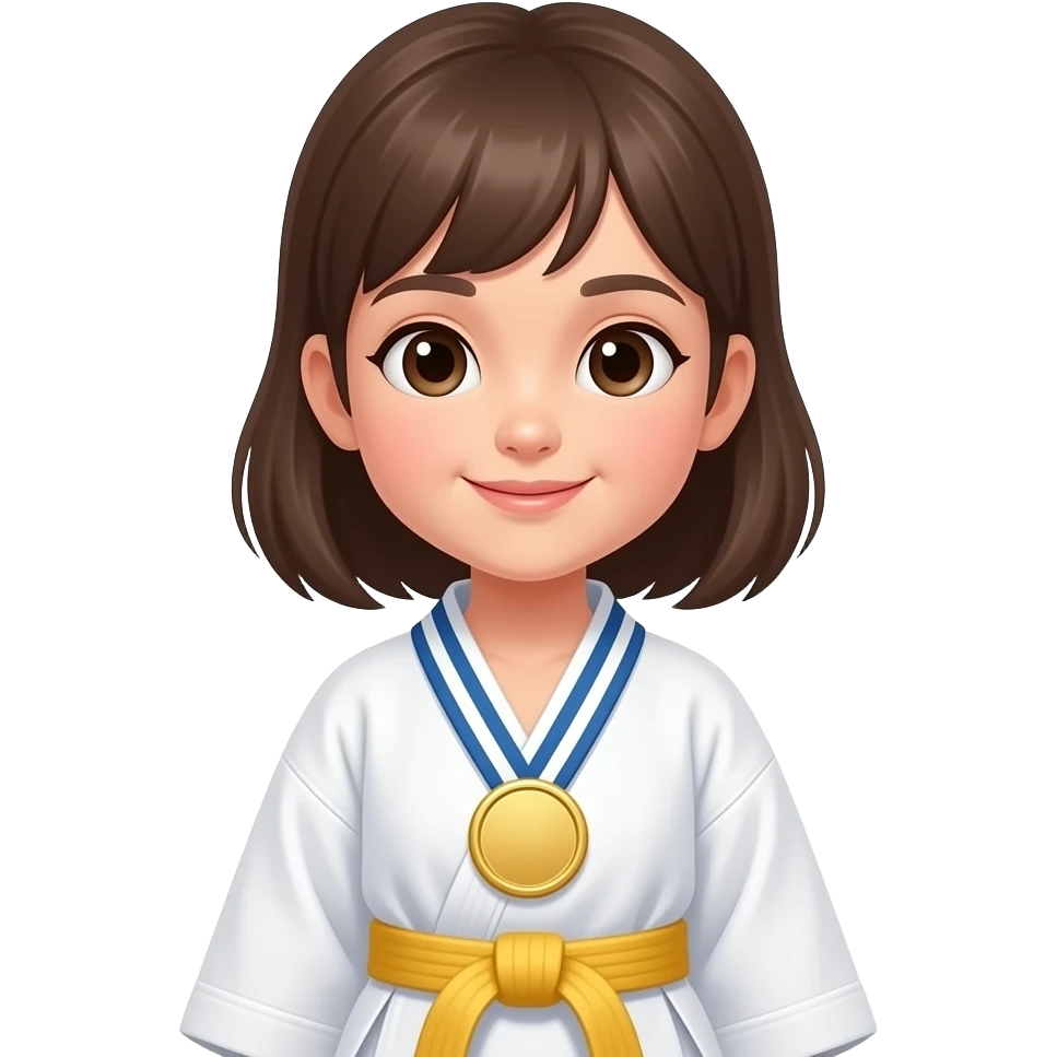 A taekwondo girl wearing white dress with a yellow belt of taekwondo wearing gold medal. emoji