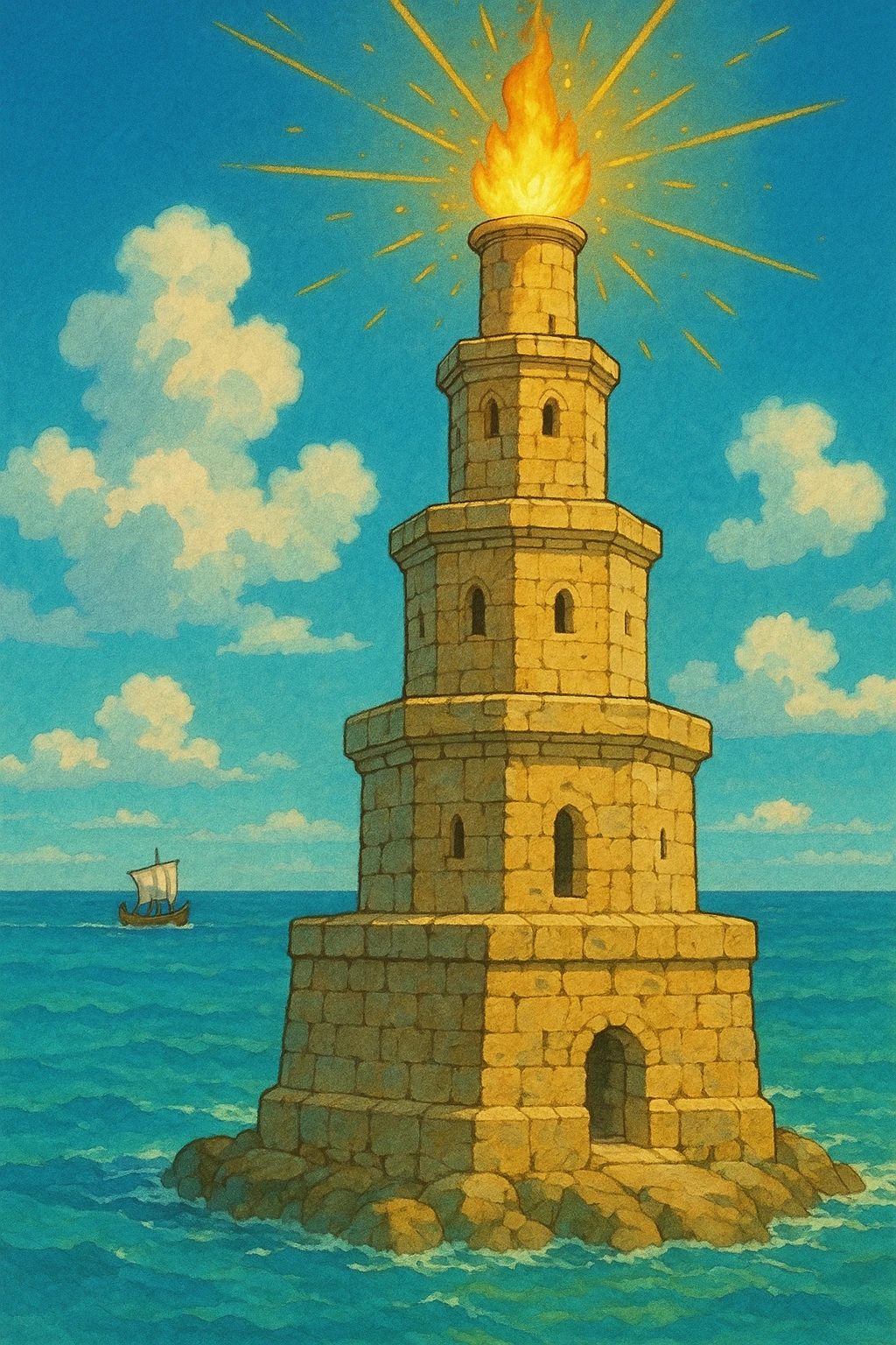 A three-tiered ancient tower with a squared base, octagonal middle, and cylindrical top. The tower has a stone texture with slight cracks and wear. Each level features small windows or arches. At the top, there is a glowing fire or torch with gold/yellow and orange rays, and tiny sparkles (✨) for a shining effect. The base of the tower is surrounded by blue waves lapping at it, and a tiny Greek/Roman ship (⛵) can be seen in the distance. The color palette consists of sandstone (beige/tan) for the tower, turquoise/blue for the sea, and warm gold for the fire. The style should be vibrant and detailed, capturing the essence of an ancient beacon by the sea with additional elements. emoji