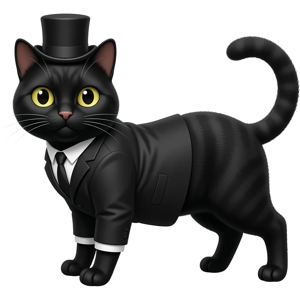 Cat with a top hat, emoji: 🐱 a black cat with a suit black, but sont let it stand like a human, let it stand like a cat emoji