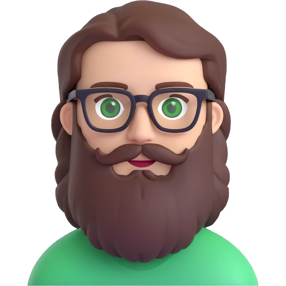 white male mid 30s green eyes black square glasses long brown beard with medium brown hair emoji
