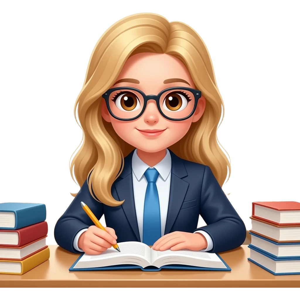 chica rubia con gafas de ojos marron estudiando. QUE EL fondo sea en la biblioteca que no sea blanco emoji