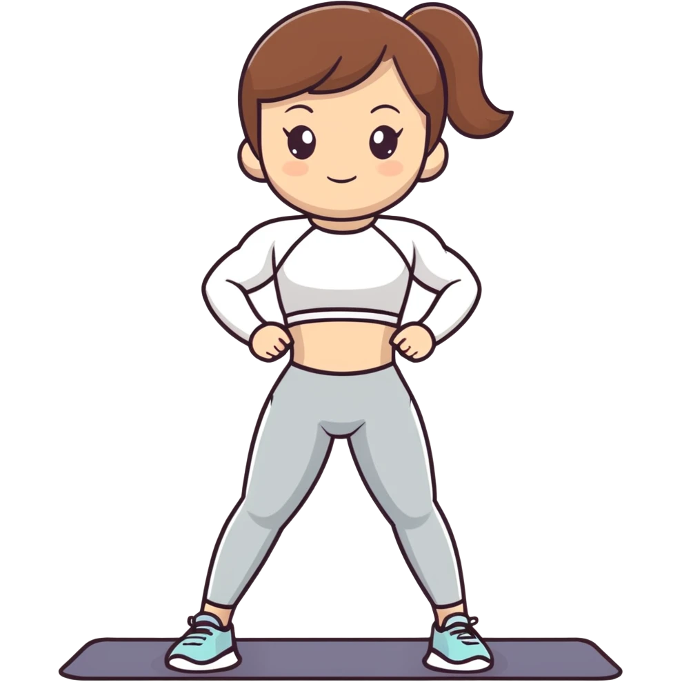A girl with brown hair is doing a workout, she's wearing gray leggings and a white rashguard emoji