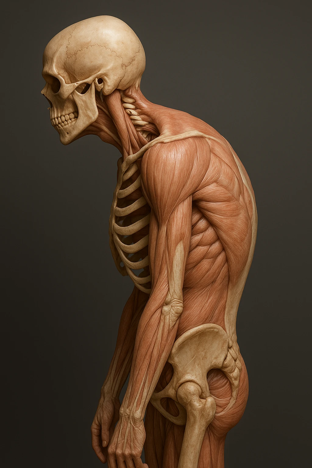 corpo UMANO ANATOMICO di profilo con spalle chiuse in avanti, postura errata, iperrealistico 4k emoji