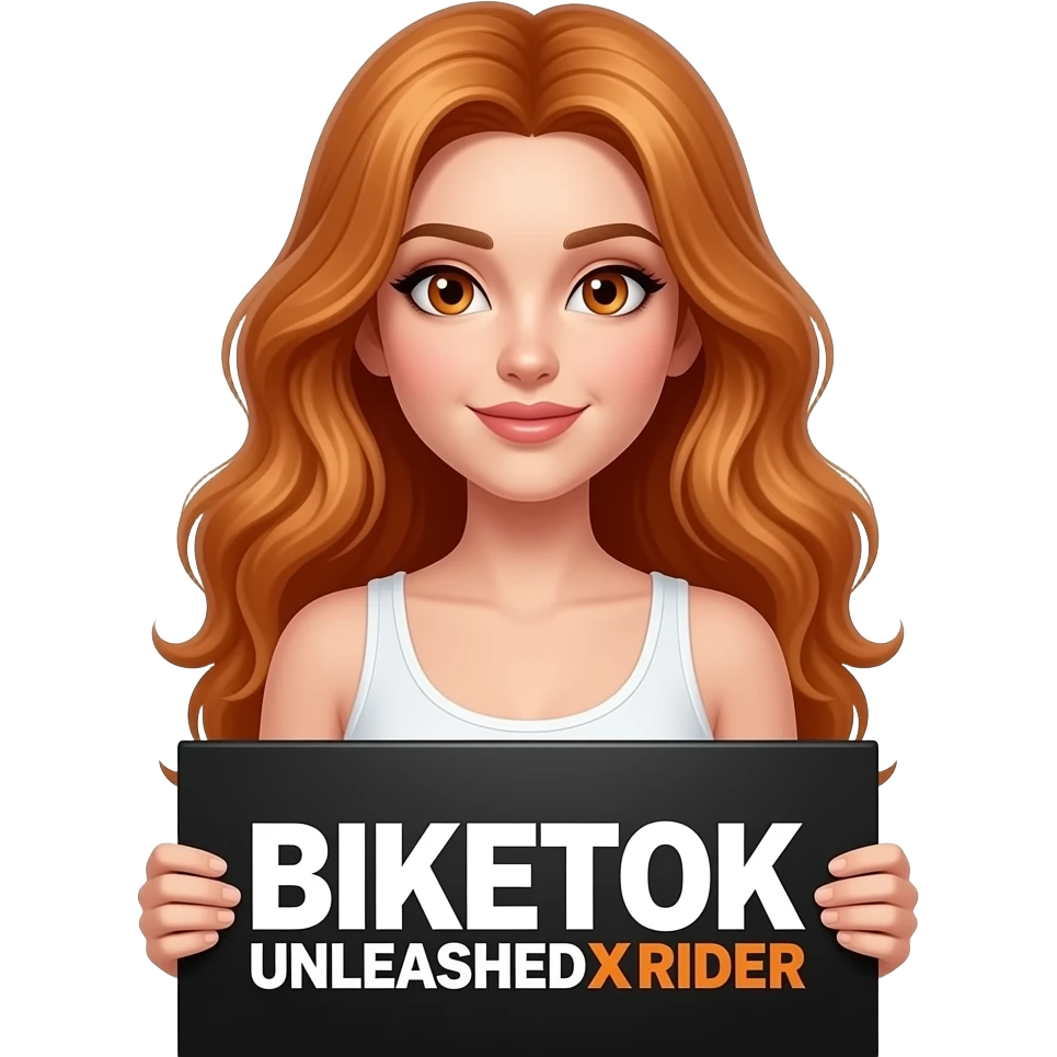 sexy girl with long wavy ginger hair and ginger eyes wearing a white tanktop is holding a black colored sign with BIKETOK UNLEASHEDXRIDER written on it emoji