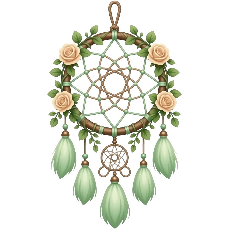 Cute dainty neat Pastel Green-white-brownish-beige-gradients thread-rope-hanging dreamcatcher, pastel colors, whitish, light, green academia aesthetic, mossy, with green vines and beige roses emoji