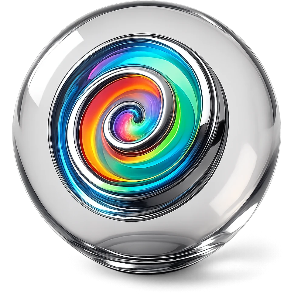 Make the spiral core inside the translucent glass-like chrome sphere rainbow-colored, keep the sphere glowing softly and reflective with no background. emoji