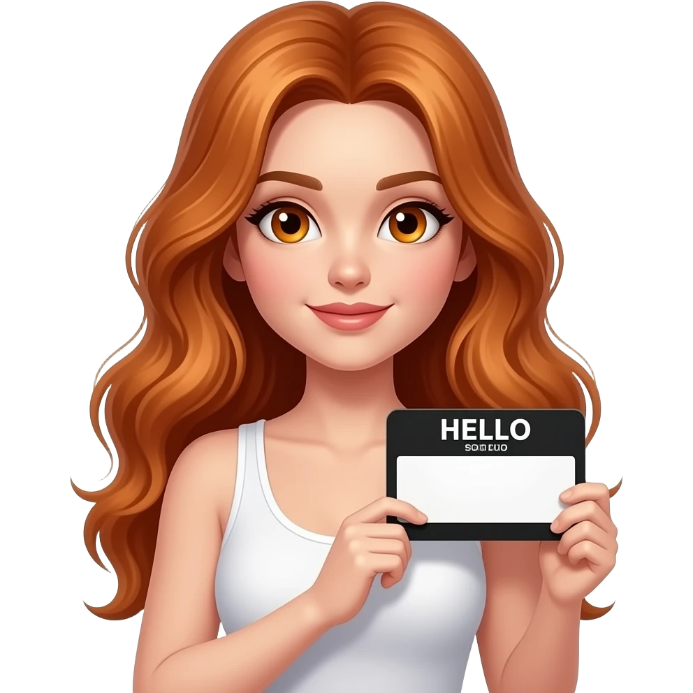 sexy girl with long wavy ginger hair and ginger eyes wearing a white tanktop is holding a black colored sign with HELLO written on it emoji