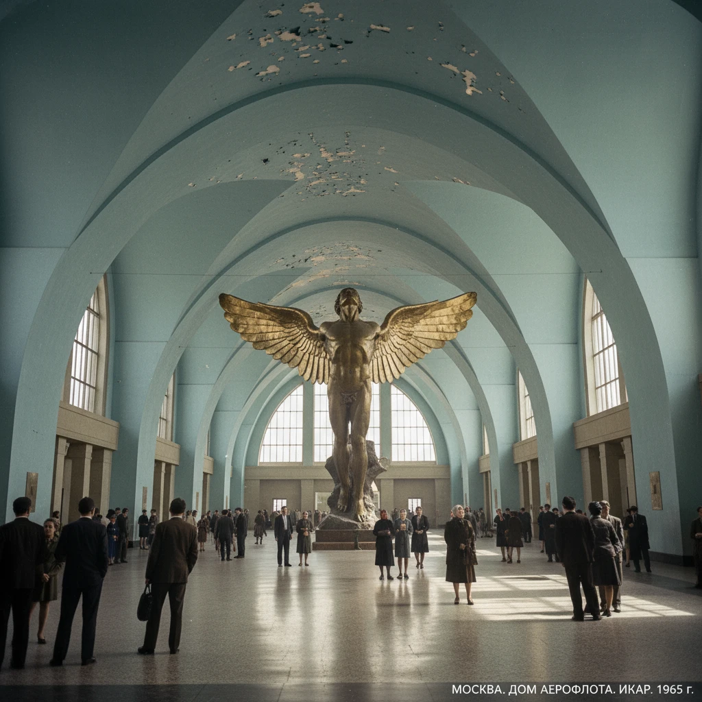 Дом Аэрофлота Чечулина изнутри. Огромные арки и скульптура Икара, на фоне которой люди очень маленькие 

Стиль - архивные цветные фотодокументы emoji