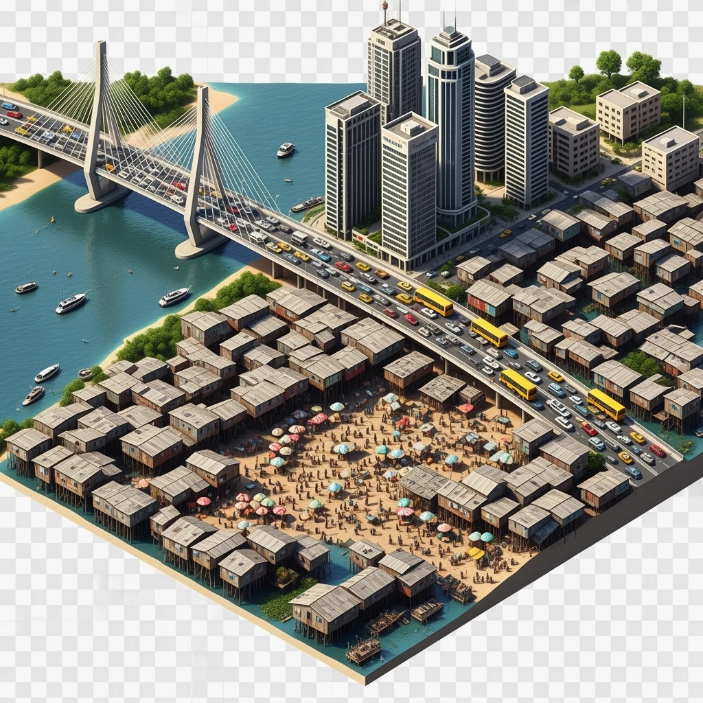 Isometric miniature of Lagos Lekki-Ikoyi Bridge, Eko Atlantic skyscrapers, Makoko slums, tin-roof shacks, chaotic markets, gridlocked traffic, 3D miniature effect and Tilt Shift effect, no cartoonish look, transparent background, don't cut angles emoji