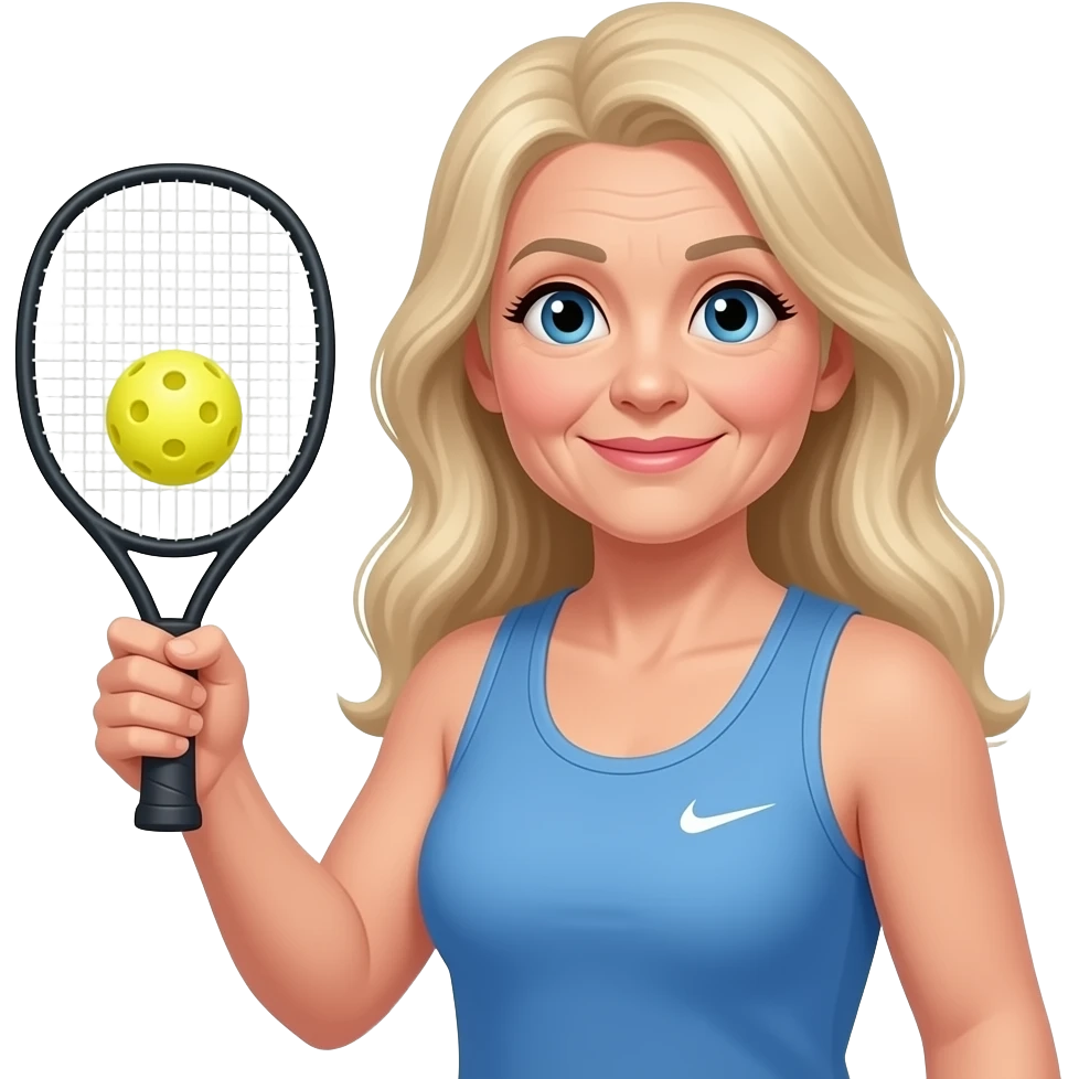 athletic grandma pickle ball player with long blond hair and with only one pickle ball emoji