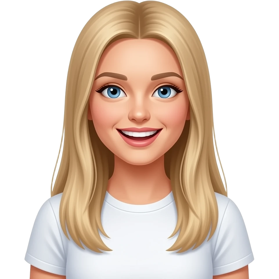 bella ragazza russa bionda capelli lisci lunghi e occhi chiari, con maglietta bianca e Laughing emoji