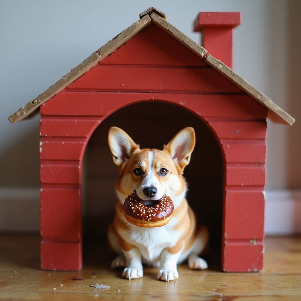realistic red dog house with a Corgi dog inside, Corgi with a donut, photorealistic style emoji