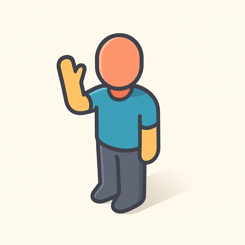 minimalist human silhouette without hair, standing with raised hand, symbol of support or greeting, 2D isometric style, very simple shape, clear shadows and highlights emoji