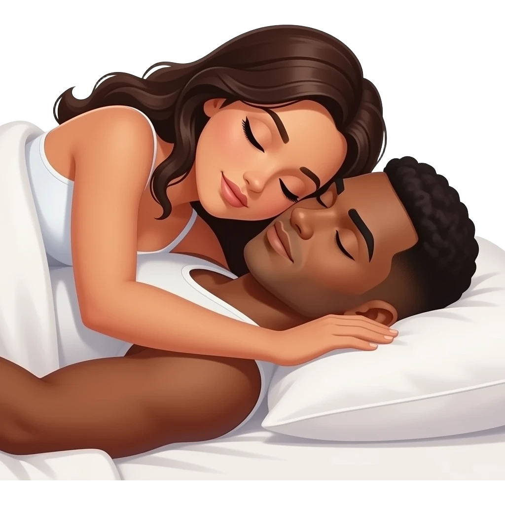 Black male with brown skin and short hair with a Columbian well built woman with look hair and pretty eyes. Sleeping together she is laying on top of him. emoji