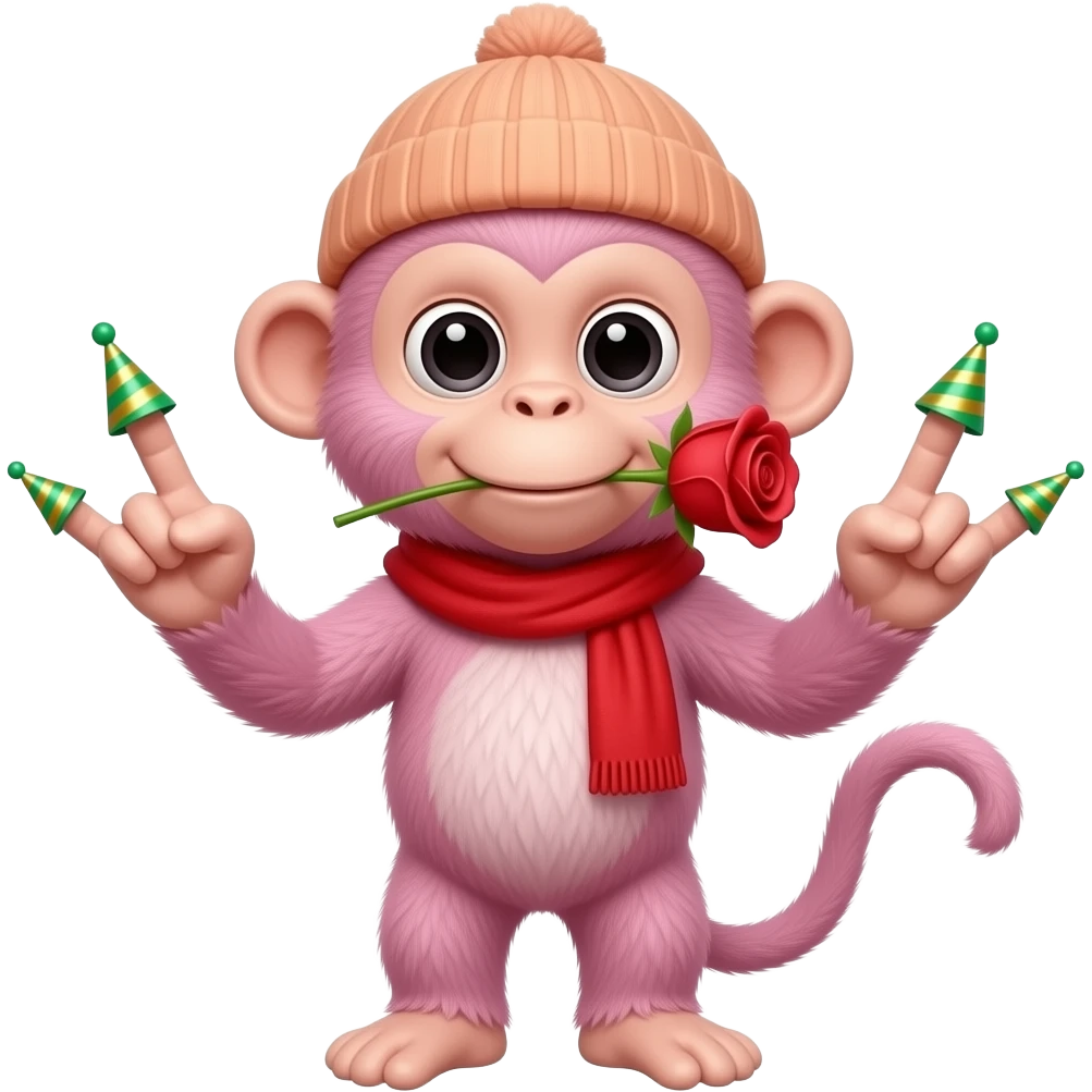 A light pink monkey with no legs wearing a red scarf, peachy colored beanie, mini green and gold striped party hats on the tip of its three fingers on each hand and a rose in its mouth emoji