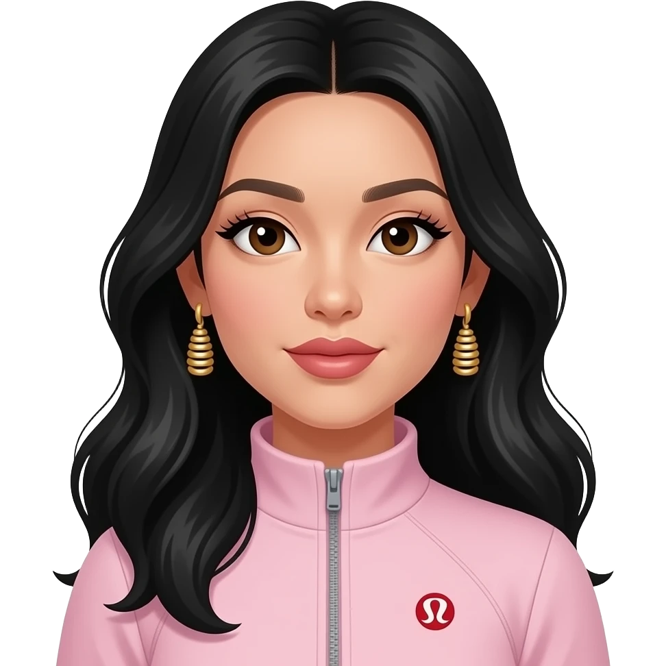 white girl, very beautiful woman, with big plump lips, long long lashes, black wavy/straight very long hair, brown eyes, asian eyes, light pink define Lululemon zip jacket, gold earrings emoji