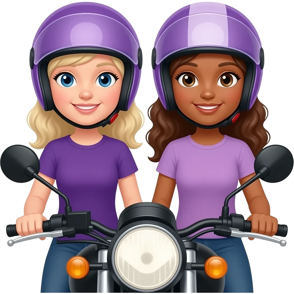 Dos mujeres blanca y morena de cabellos lacios en moto negra y cascos morado y lila emoji