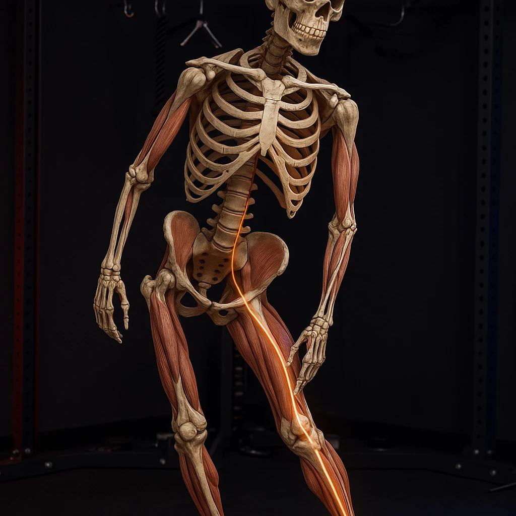 Hyperrealistic anatomical view of the same pose: tilted pelvis, valgus knee, pronated foot, with detailed visible bones and muscles, gym environment, 4K quality. Variant 8: highlight the kinetic chain from pelvis to foot. emoji