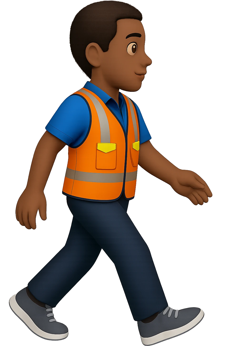 Edit the image to depict a full-body person walking, wearing a high-visibility vest, no hard hat, wearing trainers, in the style of apple emojis, with no background (transparent). emoji
