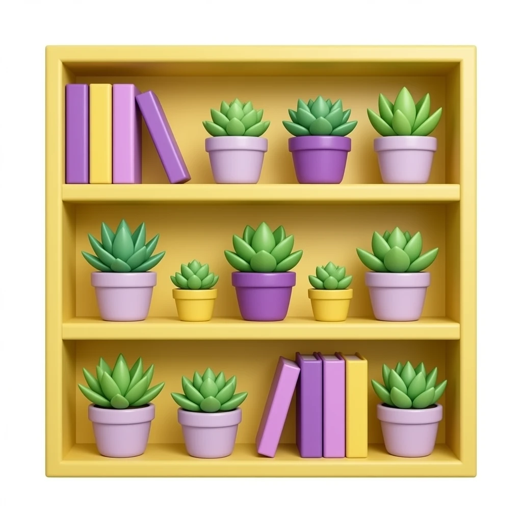 yellow and purple  bookshelf with succulents inspired by Barbie colour palette emoji