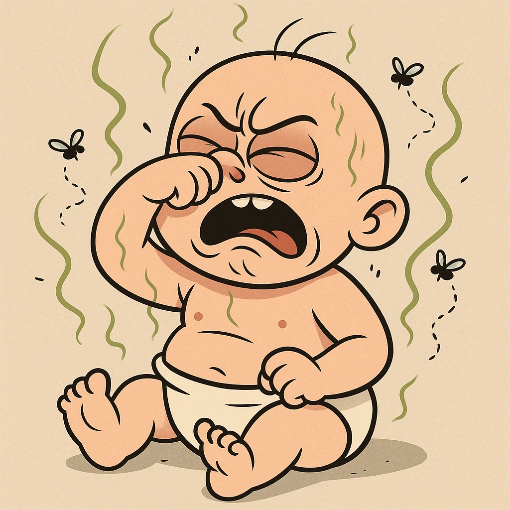 a stinky baby holding its nose, exaggerated expression, cartoon style, visible odor lines, flies buzzing around emoji