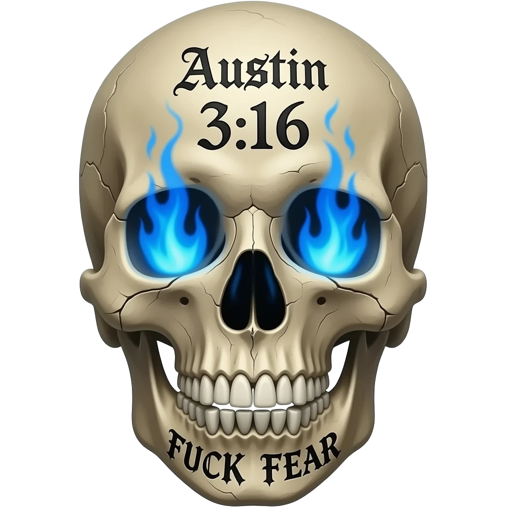 Forward facing, cracked, human skull, skull pieces missing, FUCK FEAR carved on jaw, same gothic font, slightly open, teeth slightly chipped, Austin 3:16 stacked, carved in forehead, eye & nose cavity with intense blue flames, words in a BLACK GOTHIC FONT, entire skull is aged, sun dried, weathered emoji