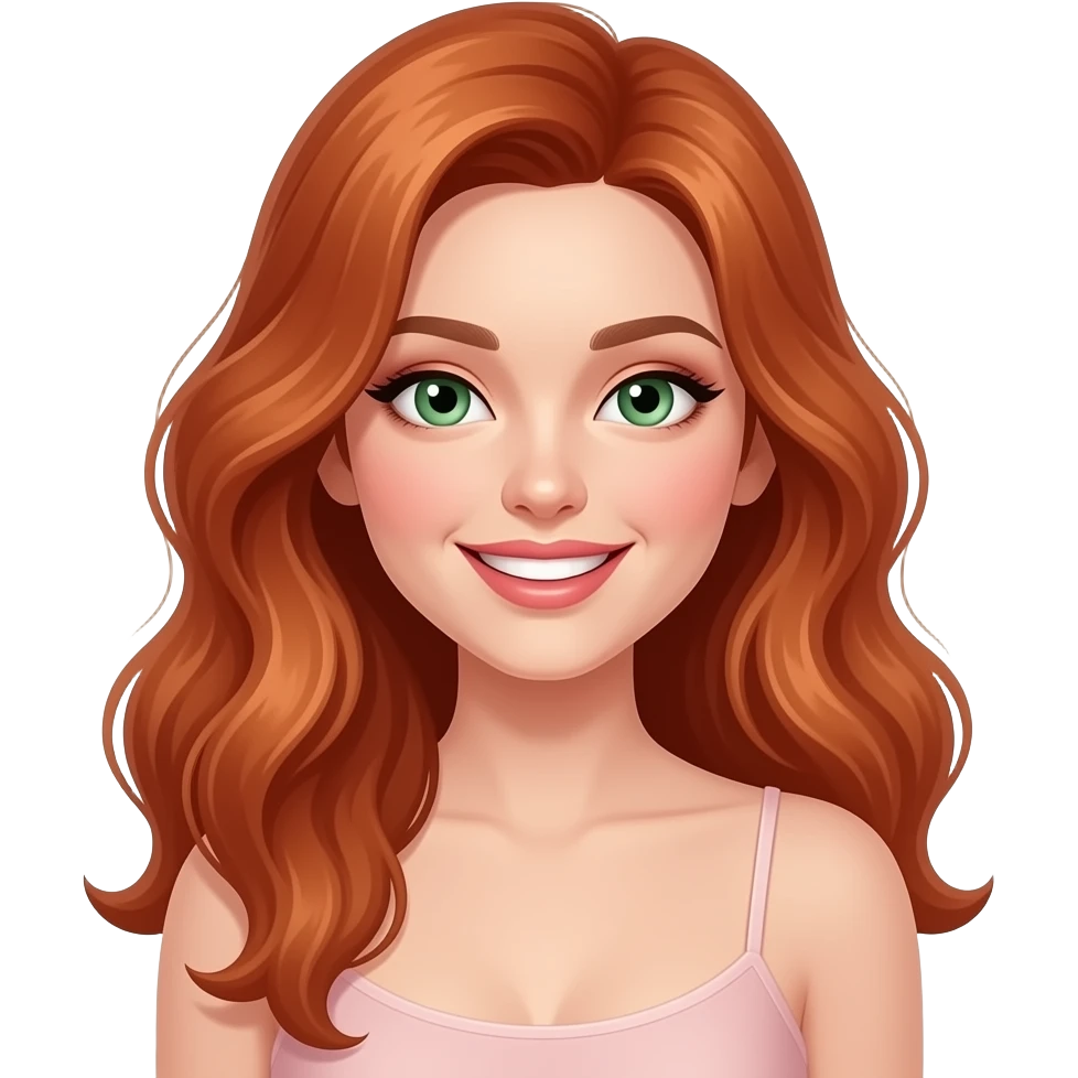 jeune femme rousse, yeux verts, cheveux très longs ondulés, grand sourire charmeur, maquillage, botox, camisole emoji