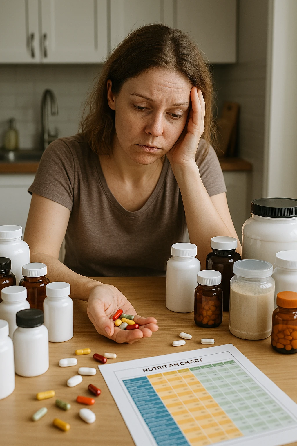a woman in her 30s sits at her kitchen table, surrounded by dozens of supplement bottles, powders, and pills. She looks anxious and fatigued, with her head resting in one hand while the other holds a handful of colorful capsules. On the table, a nutrition chart is ignored, and her skin appears slightly dull or stressed. The mood is cautionary and educational. emoji