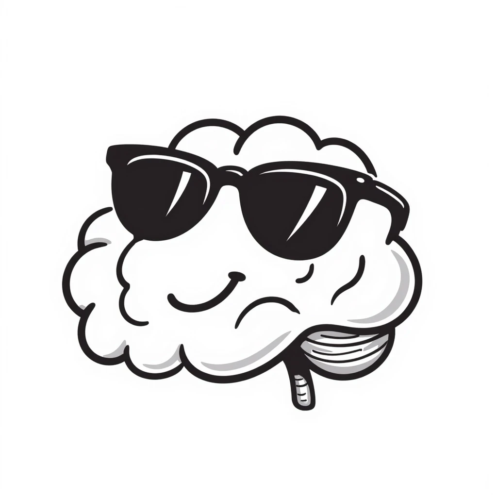digitally hand drawn icon of a brain with sunglasses, smiling emoji