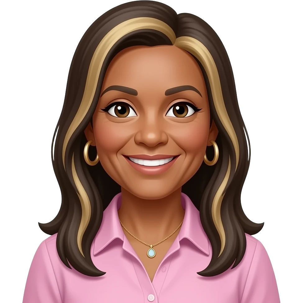 woman in early 50s, olive skin. long straight longer hair dark hair with blonde highlights, with side parting, with hoop earrings and necklace, open smile, pink shirt with collar emoji