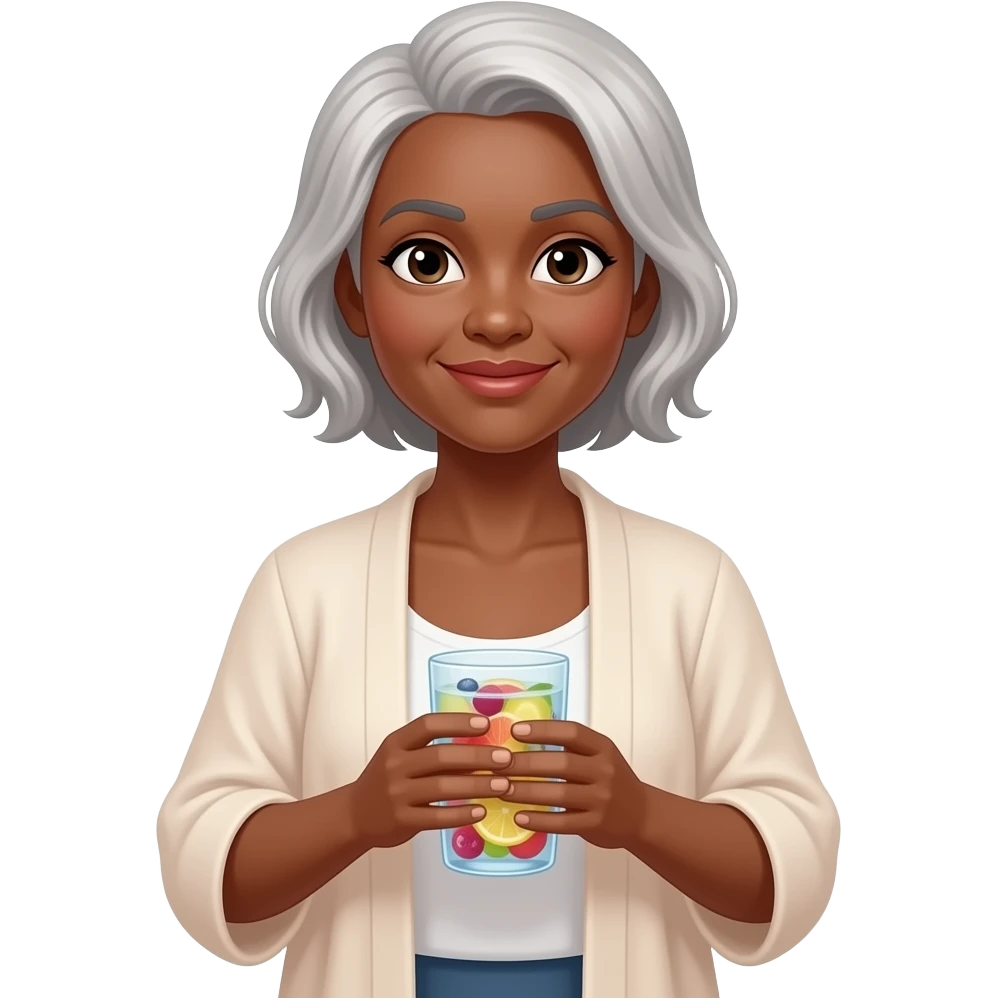 BLACK BALD WOMAN N HER 50S IN FLOWY CARDIGAN HOLDING A CUP OF FRUIT INFUSED WATER emoji