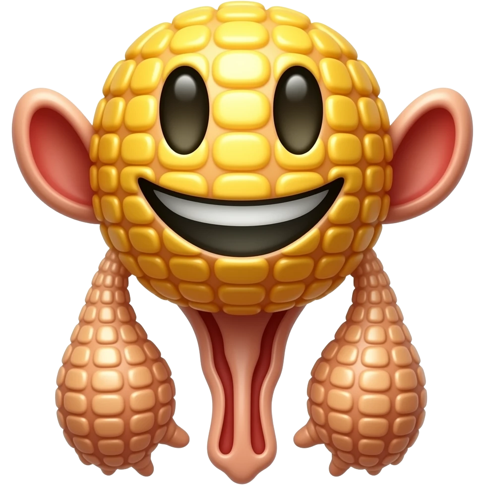 Testicles hanging from a smiley face emoji that have corn textures but it looks like penis testicles emoji