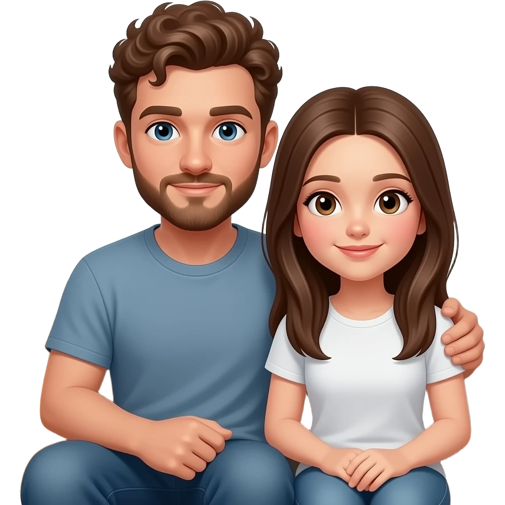 Realistic white man brown super short curly hair with beard being cozy with realistic white girl brown long straight hair on couch emoji