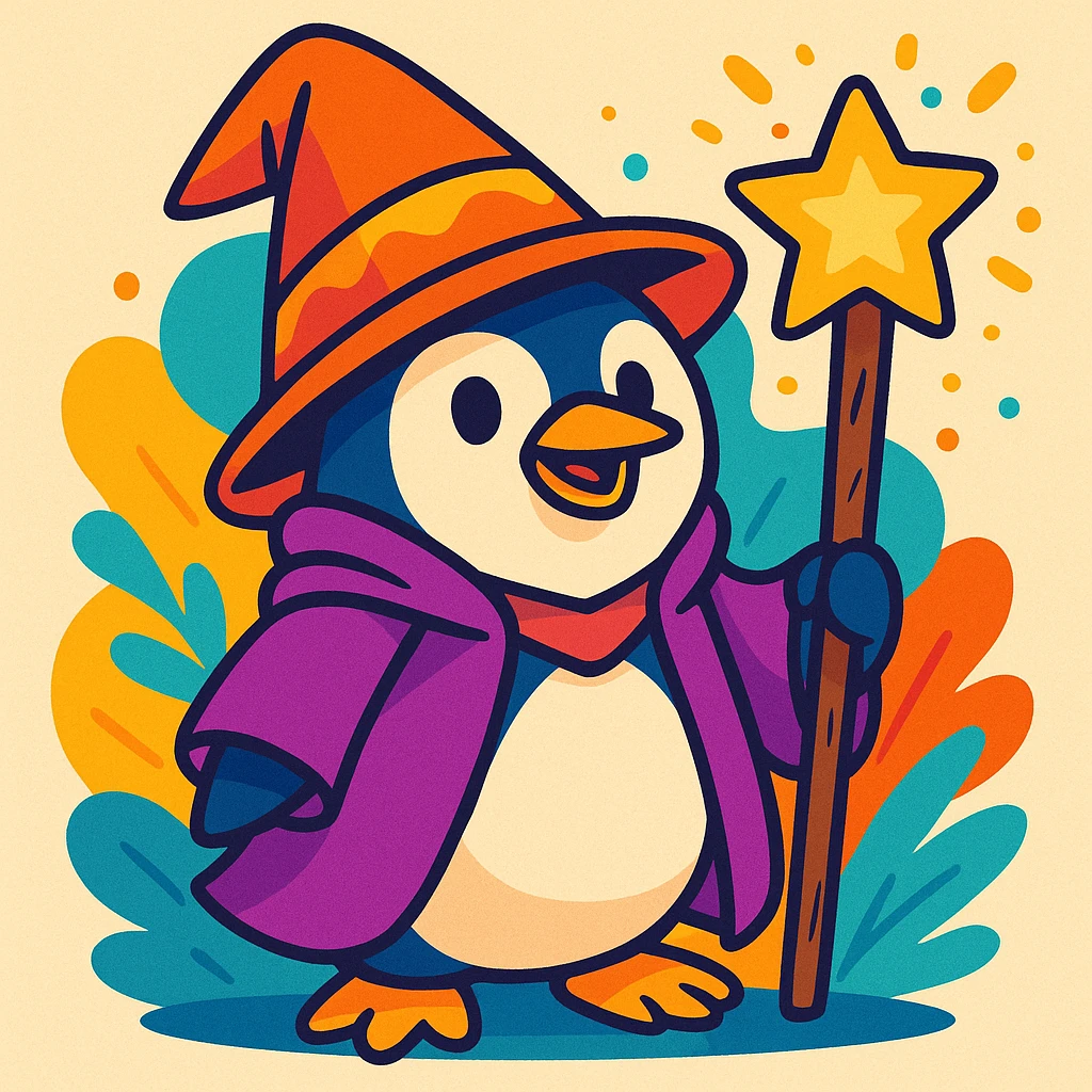 a penguin dressed as a wizard, with a pointy hat and a magic staff, in a fun and whimsical style, colorful cartoon emoji